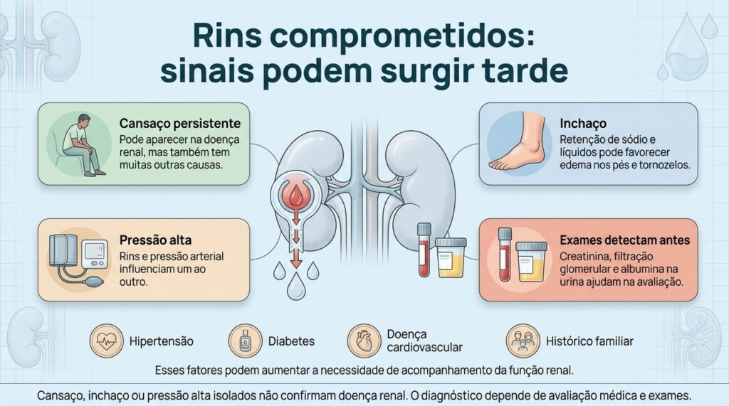 A doença renal pode evoluir sem sintomas claros, por isso os exames têm papel importante na detecção precoce.
