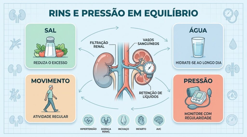 Menos sal, hidratação, movimento e controle da pressão ajudam a proteger os rins.