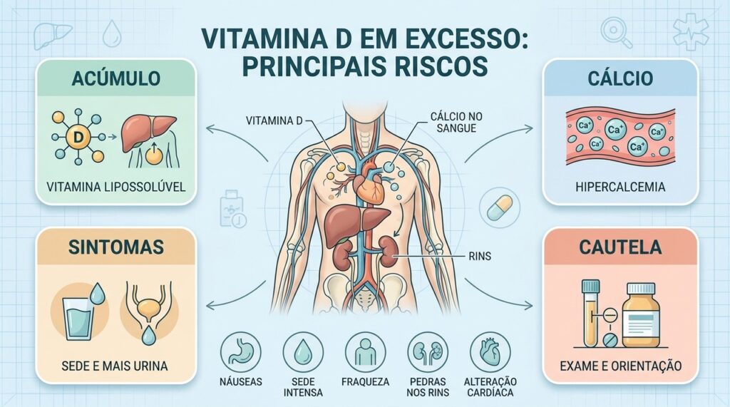 Excesso de vitamina D pode elevar o cálcio e afetar rins, músculos e coração.