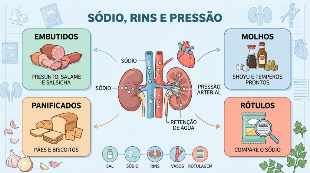 Embutidos, molhos e panificados podem concentrar sódio e aumentar a sobrecarga renal.