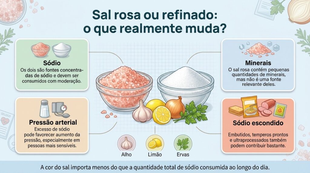 Sal rosa não traz vantagem nutricional relevante nas quantidades usuais; o principal cuidado é moderar o sódio no conjunto da alimentação.