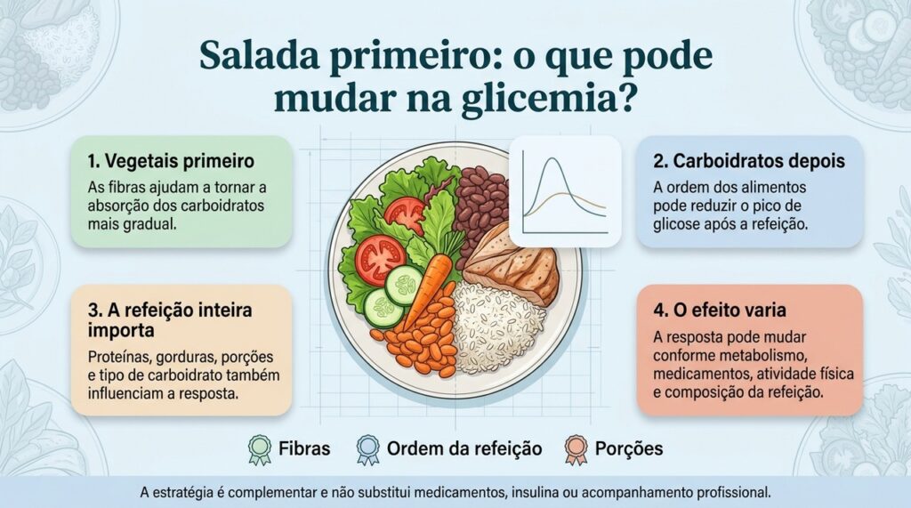 A ordem dos alimentos pode influenciar a resposta da glicose, mas não substitui o tratamento do diabetes.