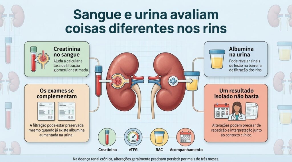 Creatinina, eTFG e albumina urinária oferecem informações complementares sobre função e lesão renal.