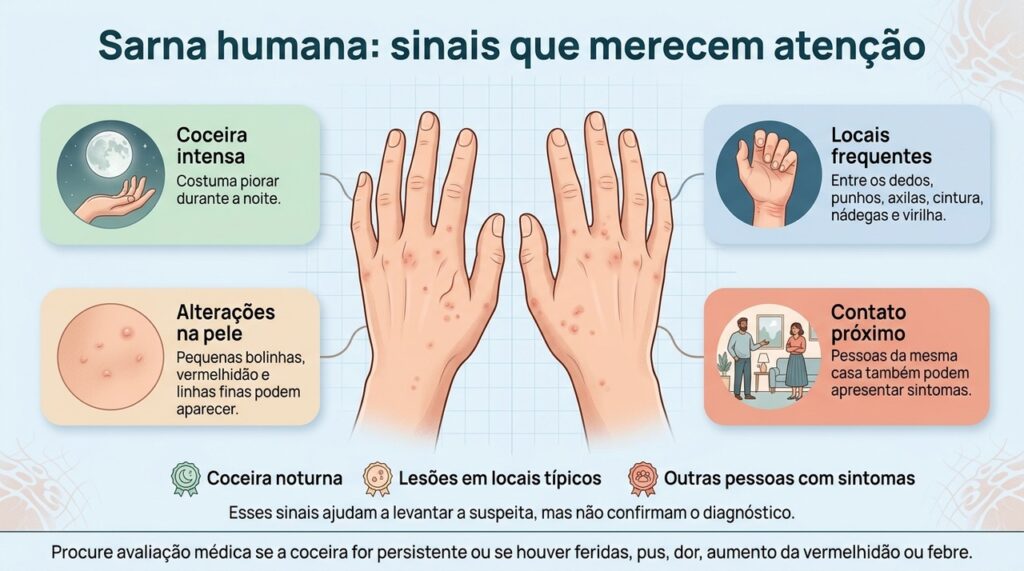 A combinação entre coceira noturna, localização típica das lesões e contato próximo ajuda a levantar a suspeita de sarna.