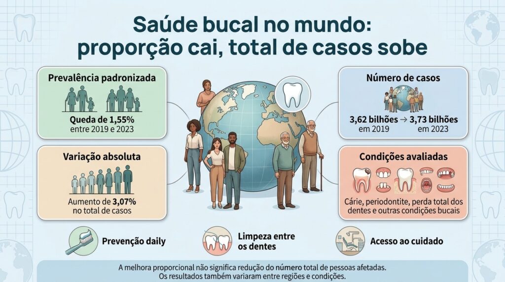 Entre 2019 e 2023, a prevalência padronizada caiu modestamente, enquanto o número absoluto de casos aumentou.