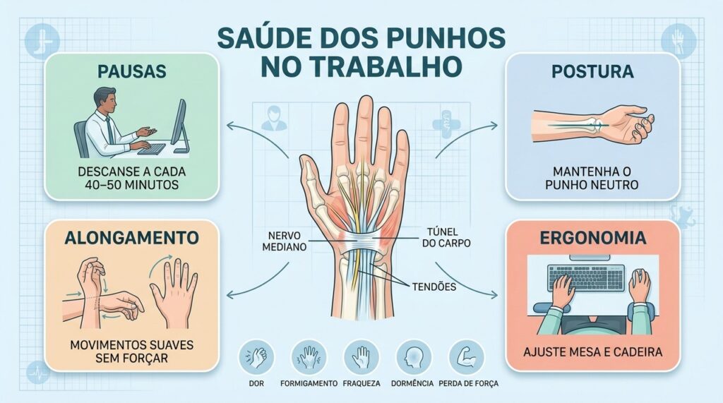Ergonomia, pausas e alongamentos ajudam a proteger punhos contra sobrecarga e compressão nervosa.