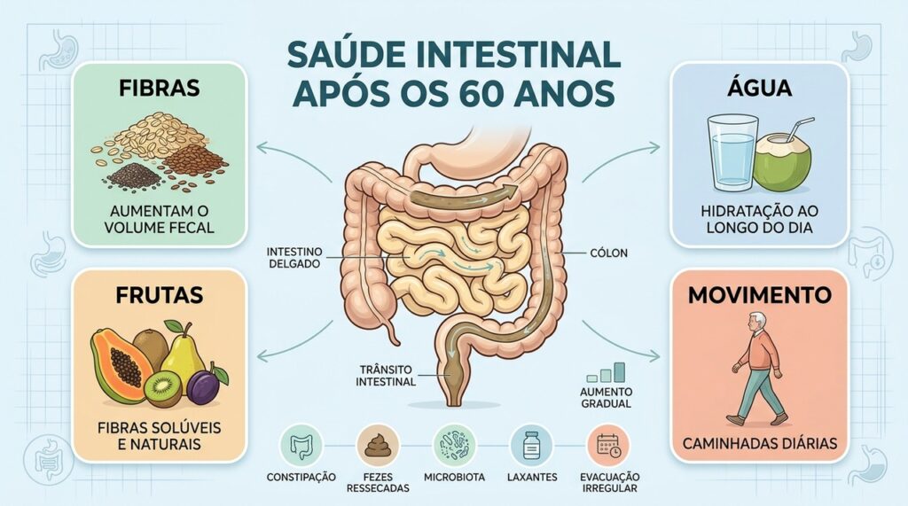 Fibras, água, frutas e movimento formam uma rotina favorável ao intestino do idoso.