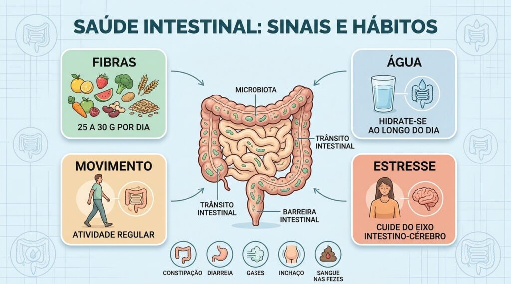 Fibras, água, movimento e manejo do estresse sustentam uma microbiota intestinal mais equilibrada.