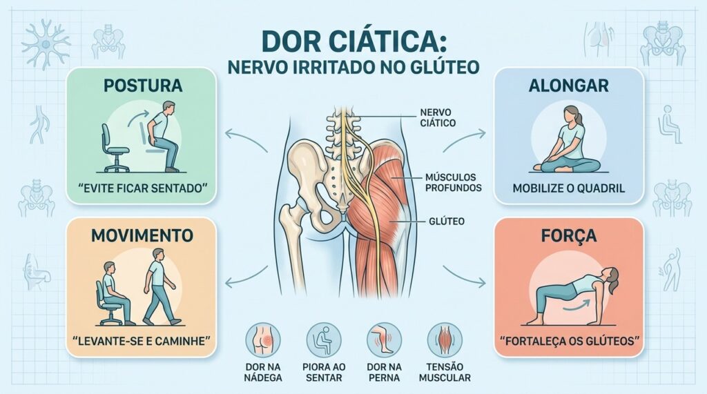 Quatro pilares ajudam a aliviar a irritação ciática: postura, alongamento, movimento e força.