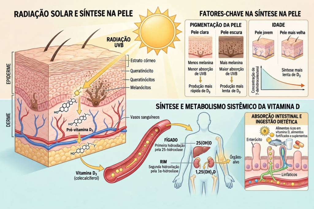 Idade, pigmentação da pele e absorção intestinal podem influenciar os níveis de vitamina D.