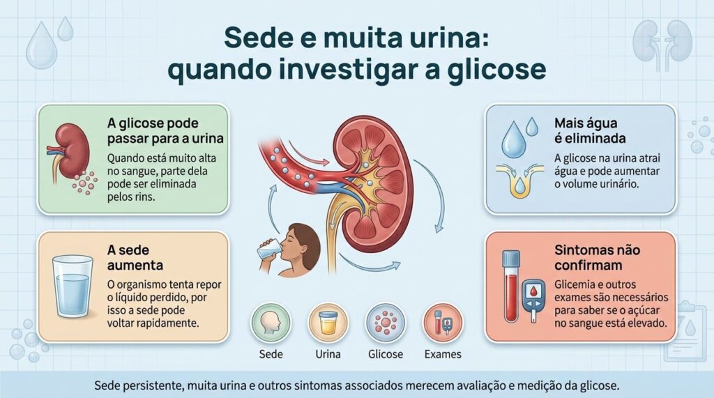 Sede exagerada e aumento da urina podem aparecer quando a glicose está alta, mas o diagnóstico depende de exames.