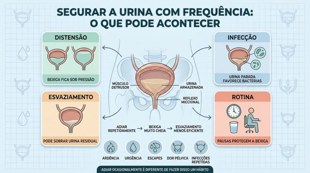 Distensão, infecção, esvaziamento e rotina explicam os riscos de segurar a urina.