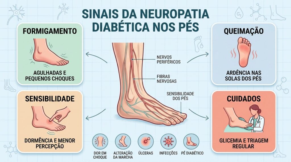 Quatro sinais merecem atenção: formigamento, queimação, dormência e alterações na sensibilidade dos pés.