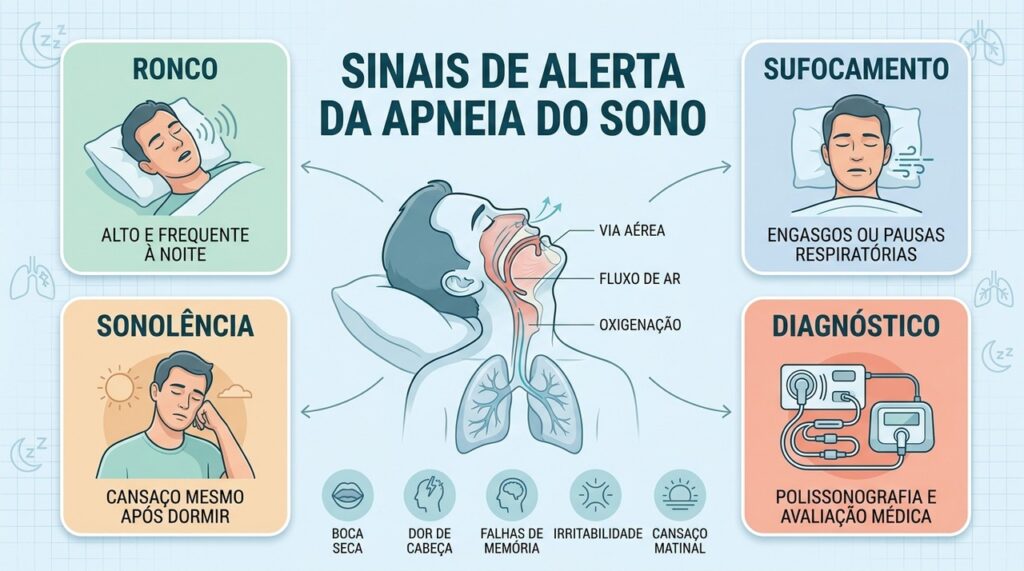 Ronco, sufocamento, sonolência e polissonografia ajudam a reconhecer e investigar a apneia.