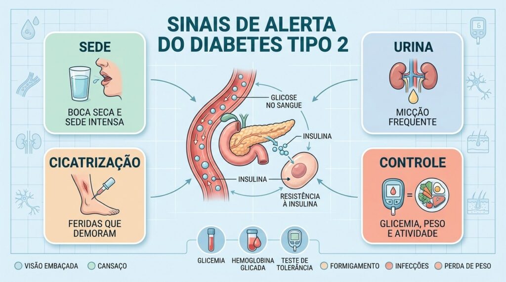 Sede, urina frequente, cicatrização lenta e controle glicêmico ajudam a reconhecer sinais do diabetes.