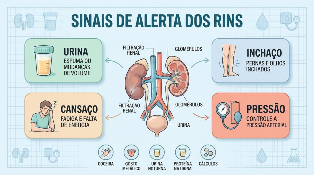 Urina alterada, pressão, inchaço e exames ajudam a identificar problemas renais precocemente.
