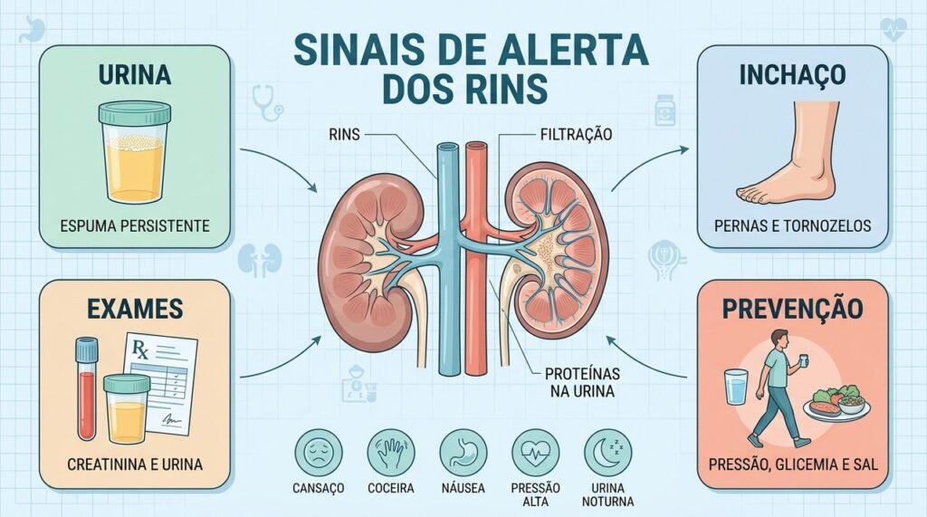 Urina espumosa, edema, exames e controle de pressão ajudam a investigar a função renal.