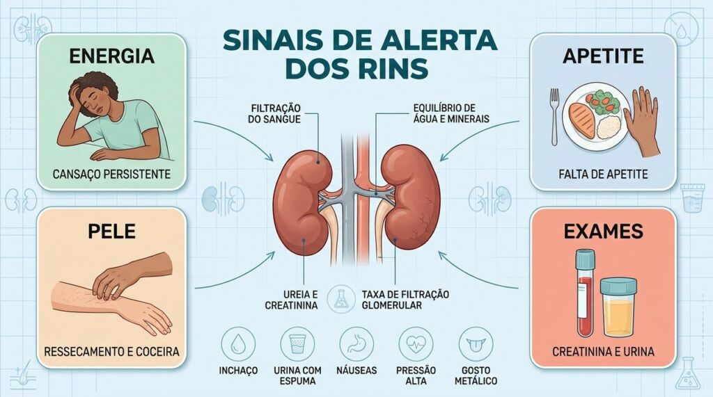 Creatinina, urina e sintomas ajudam a investigar alterações silenciosas na função dos rins.