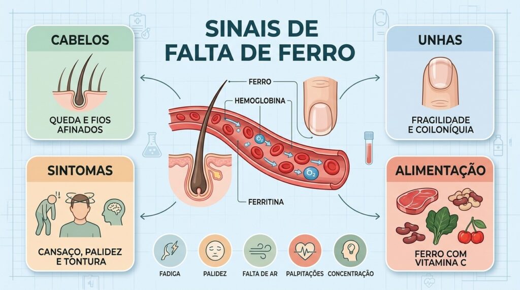 Cabelos, unhas, sintomas gerais e alimentação ajudam a investigar possíveis estoques baixos de ferro.