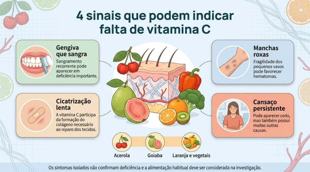 Uma alimentação variada costuma fornecer vitamina C suficiente, mas sinais persistentes merecem investigação antes de iniciar suplementos.