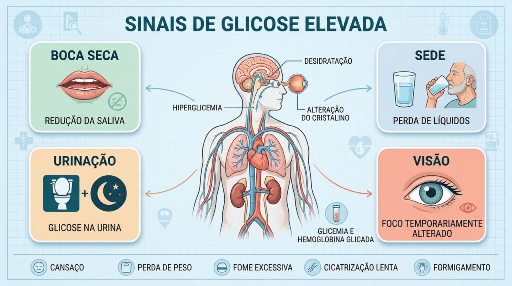 Boca seca, sede, urinação frequente e visão embaçada são sinais que merecem investigação.