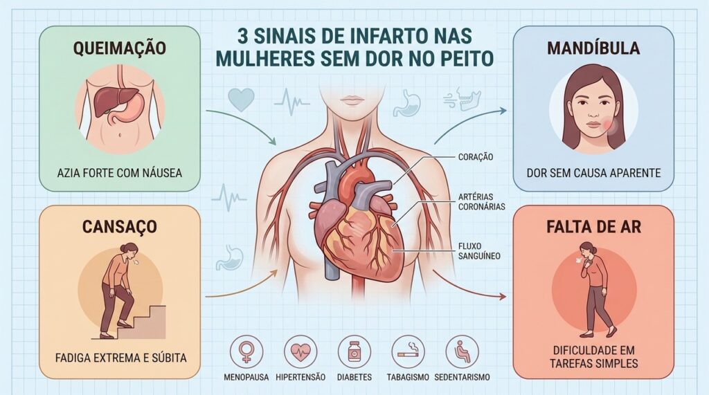 Queimação, dor mandibular, fadiga e falta de ar podem acompanhar o infarto feminino.