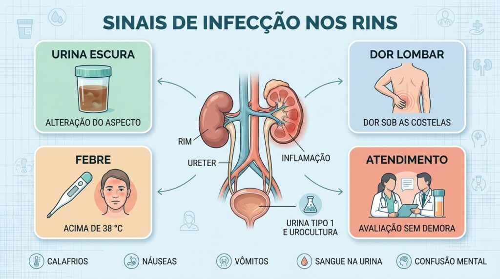 Urina alterada, dor lombar e febre são sinais importantes de pielonefrite.