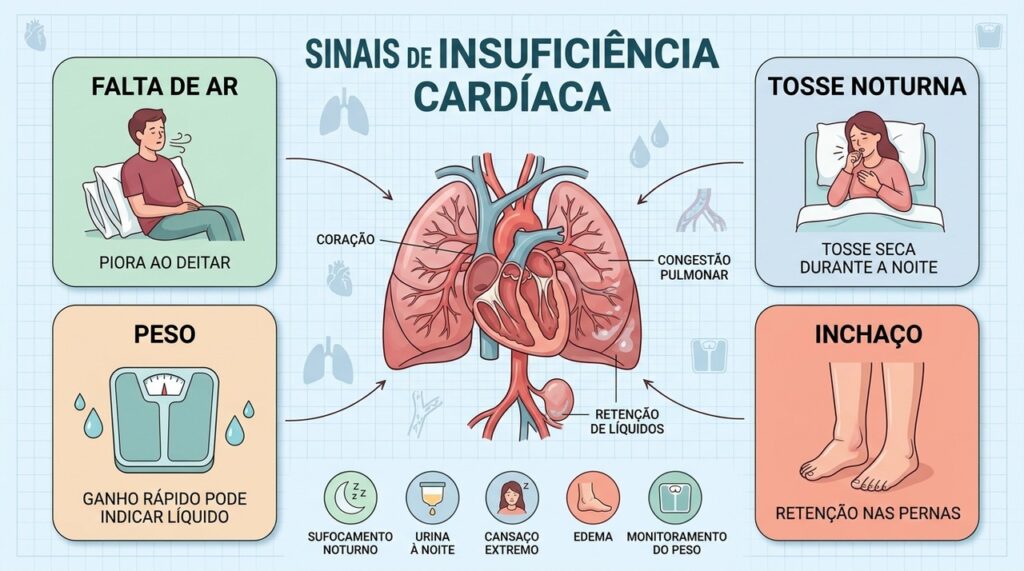 Falta de ar, tosse, inchaço e ganho de peso ajudam a reconhecer sinais de congestão cardíaca.