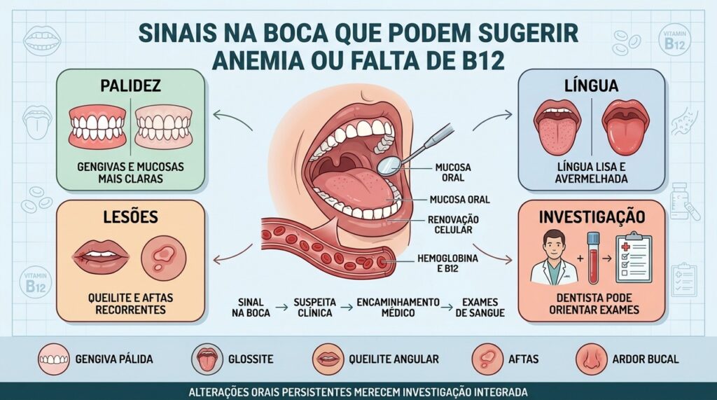 Palidez, glossite, lesões e exames conectam saúde bucal à investigação de anemia.