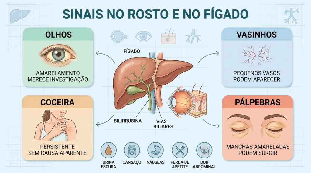 Icterícia, vasinhos, coceira e alterações nas pálpebras podem acompanhar doenças hepáticas.