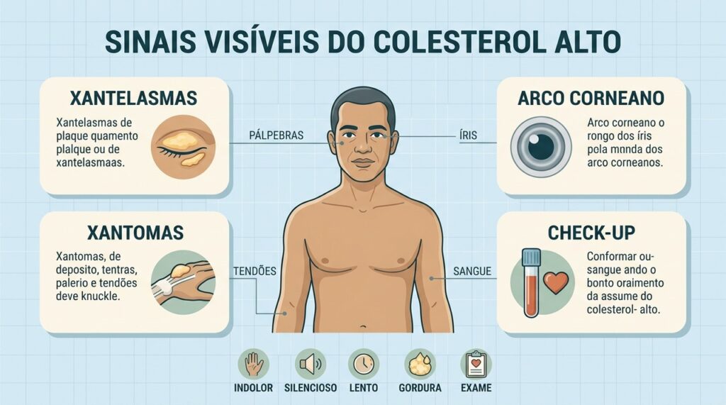 Xantelasmas, arco corneano e xantomas podem justificar investigação do colesterol.
