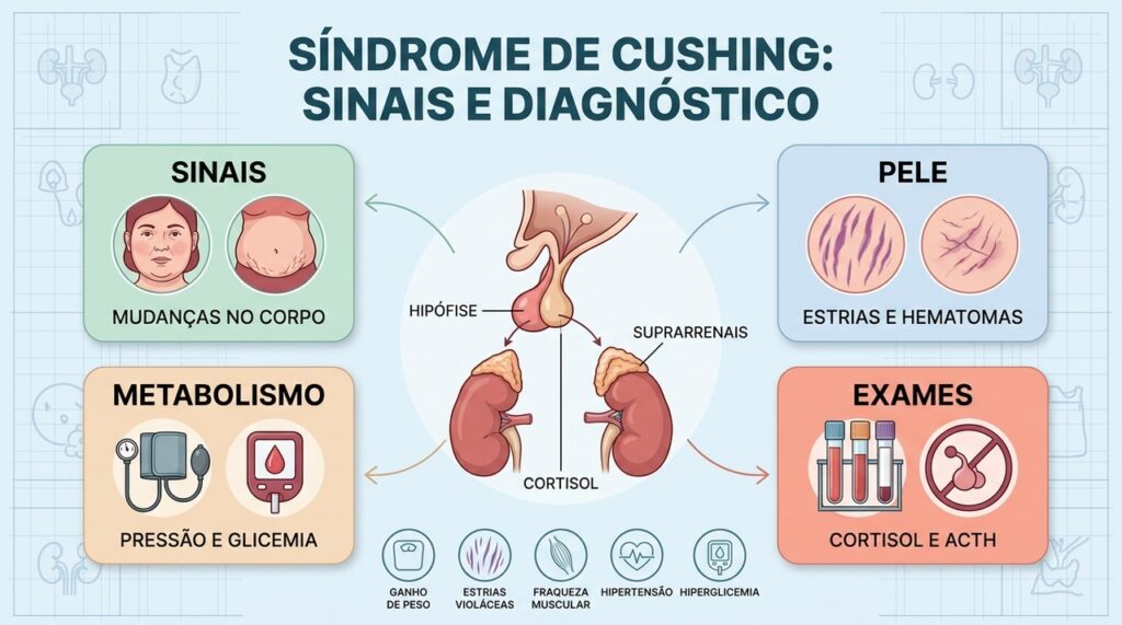 Sinais corporais, alterações metabólicas e exames hormonais orientam a investigação da síndrome de Cushing.