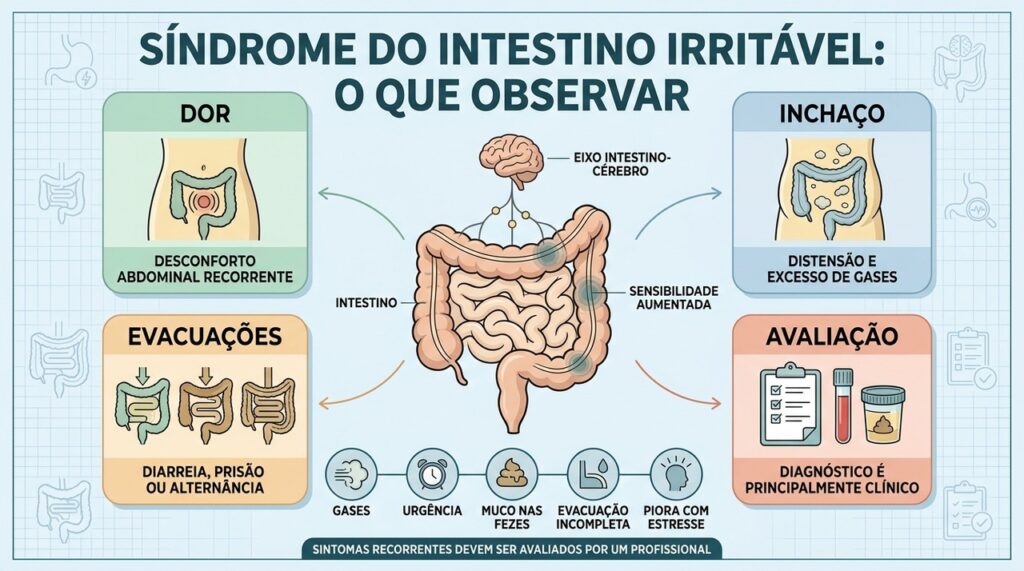 Dor, inchaço, evacuações e avaliação clínica ajudam a reconhecer o padrão da SII.