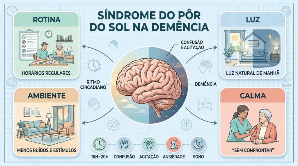 Rotina, iluminação, ambiente calmo e acolhimento ajudam no manejo do sundowning.