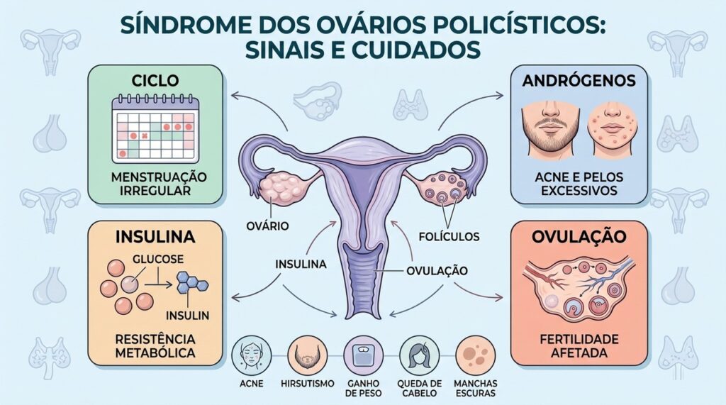 Ciclos irregulares, andrógenos e resistência à insulina são pilares importantes da SOP.