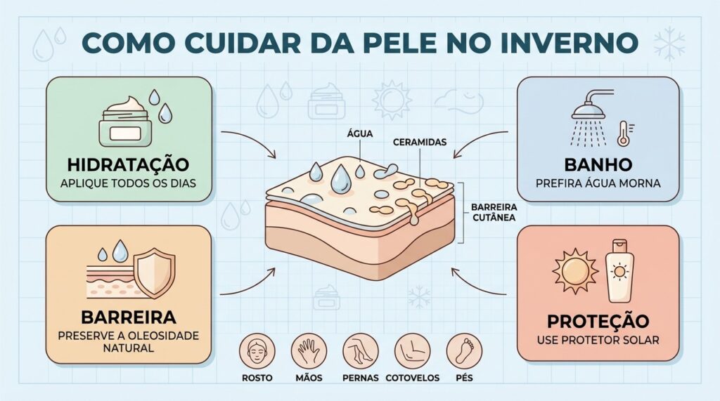 Hidratação, banho morno e proteção diária ajudam a preservar a barreira da pele.