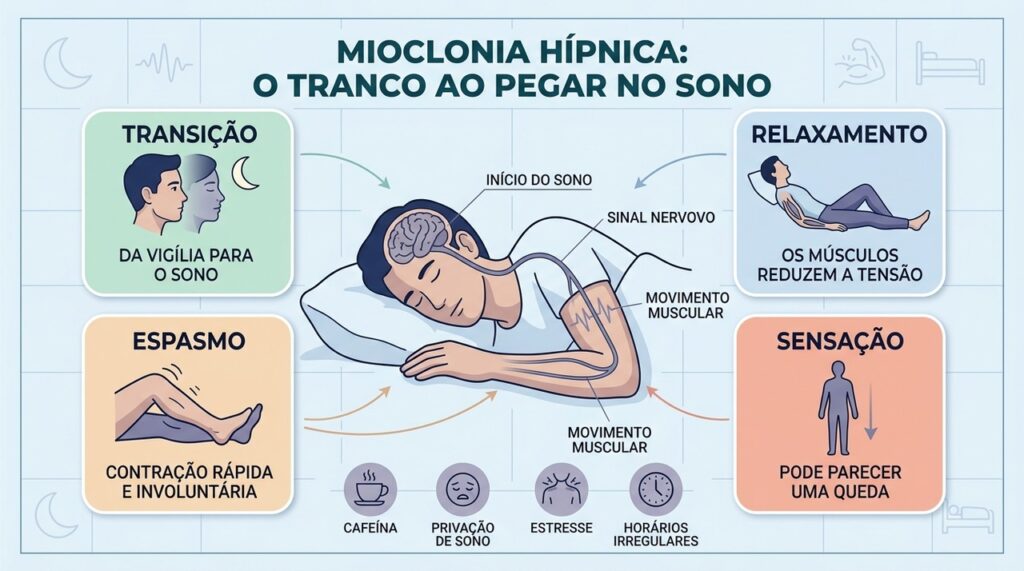 Transição do sono, relaxamento muscular e estímulos podem favorecer a mioclonia hípnica.