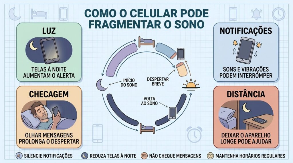 Luz, notificações, checagens e proximidade do celular podem interromper a continuidade do sono.