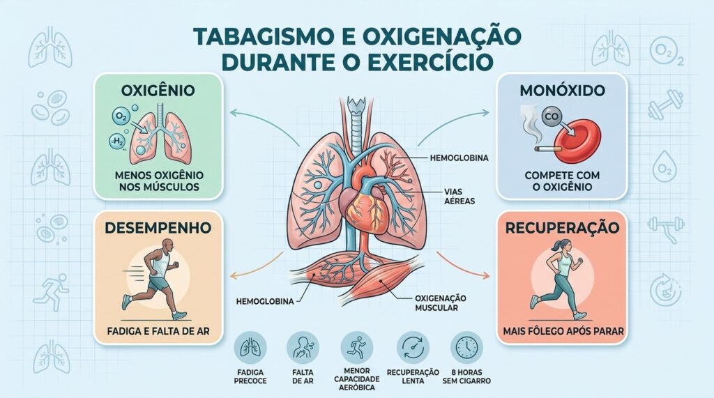 Fumar prejudica oxigenação, capacidade aeróbica e recuperação durante atividades físicas.