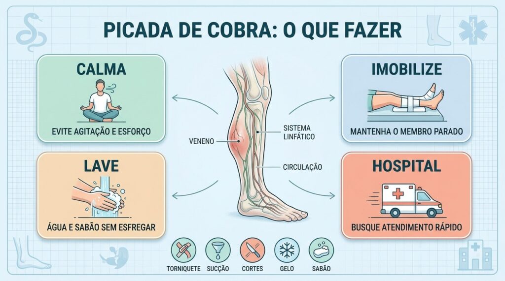 Torniquete, sucção e cortes pioram lesões; calma, imobilização e hospital são prioridades.