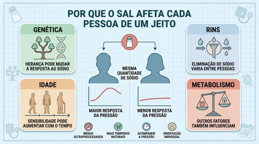 Genética, rins, idade e metabolismo ajudam a explicar a sensibilidade individual ao sal.