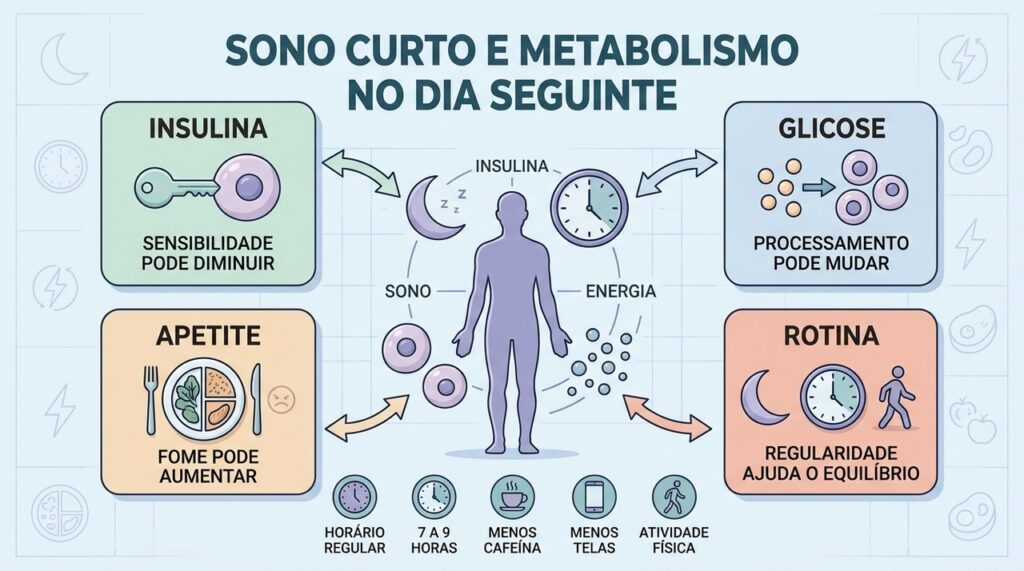 Sono regular ajuda a preservar sensibilidade à insulina, apetite e equilíbrio metabólico.