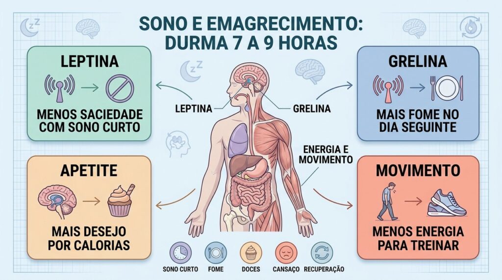 Sono adequado ajuda a equilibrar fome, saciedade, energia e disposição para treinar.