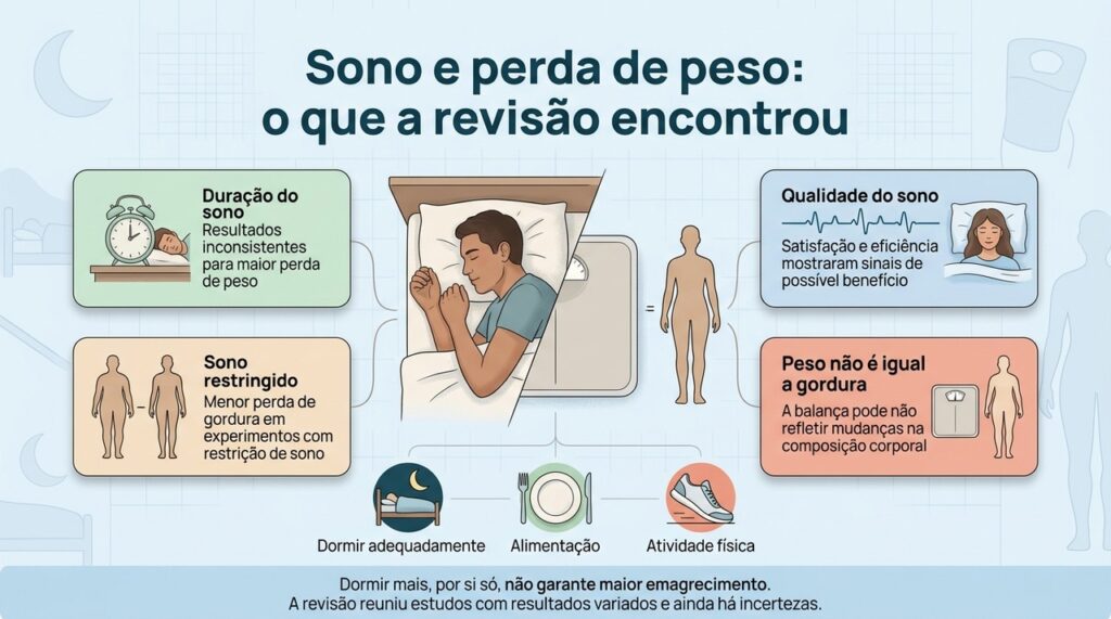 A revisão encontrou resultados inconsistentes para duração do sono, enquanto a restrição de sono esteve ligada a menor perda de gordura em experimentos.