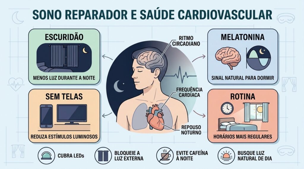 Escuridão, rotina, menos telas e melatonina favorecem um repouso cardiovascular adequado.
