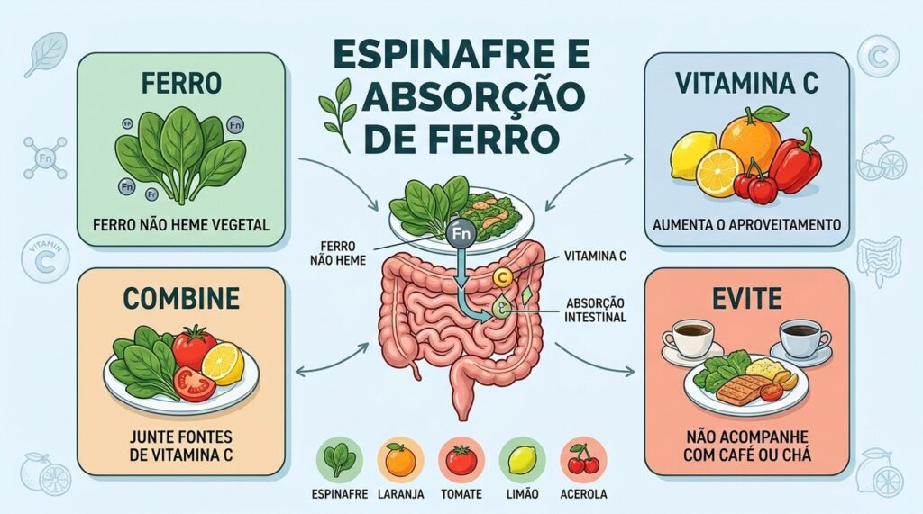 Espinafre fornece ferro não heme, enquanto vitamina C melhora seu aproveitamento pelo organismo.