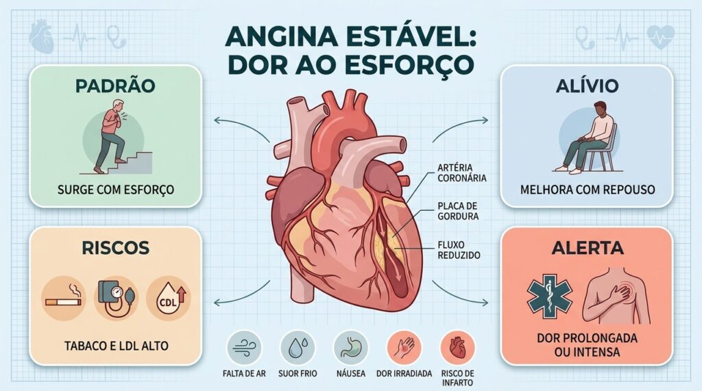 Angina estável combina dor previsível ao esforço, alívio com repouso e risco coronariano.