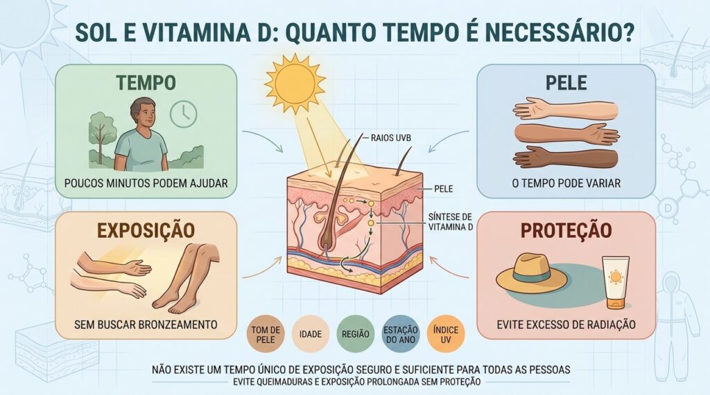 Tempo, tom de pele, ambiente e proteção influenciam a exposição solar para vitamina D.