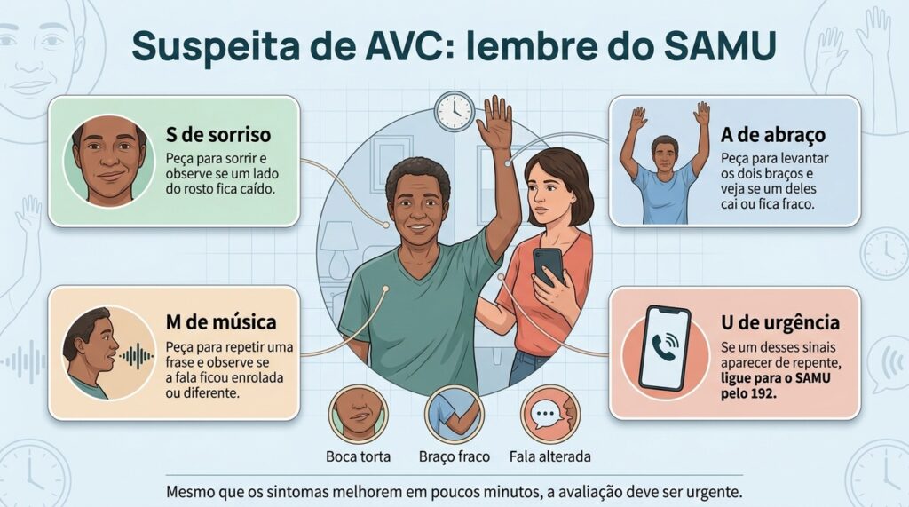 O teste SAMU ajuda a reconhecer sinais de AVC, e qualquer alteração súbita deve levar ao acionamento imediato do 192.