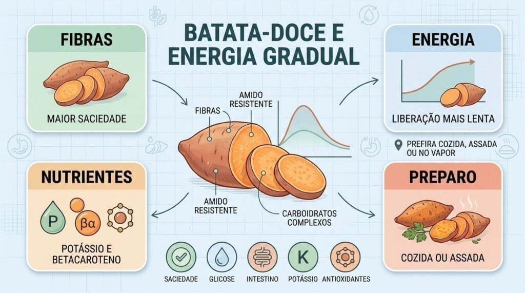 Fibras, amido resistente e nutrientes fazem da batata-doce uma opção nutritiva e versátil.